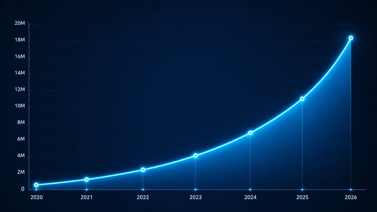 jm comic用户增长数据图表,展示2020-2026年注册用户从50万增长至1800万的趋势